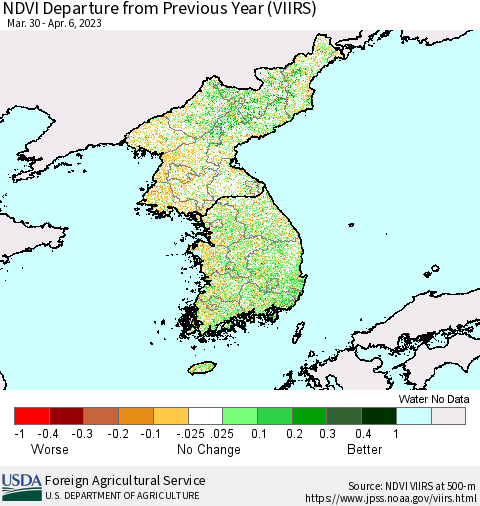 Korea NDVI Departure from Previous Year (VIIRS) Thematic Map For 4/1/2023 - 4/10/2023