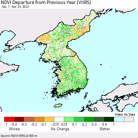 Korea NDVI Departure from Previous Year (VIIRS) Thematic Map For 4/7/2023 - 4/14/2023