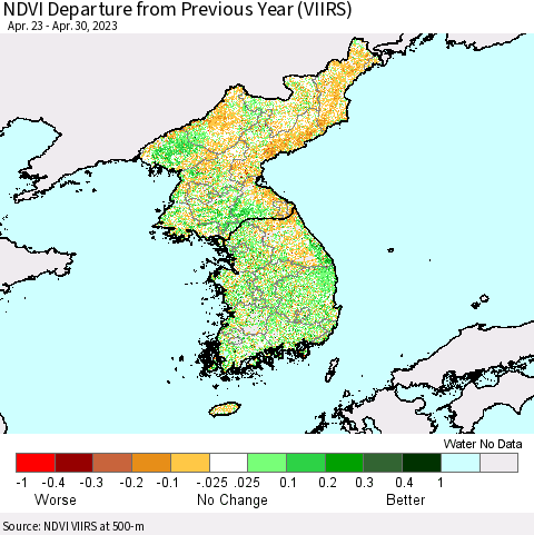 Korea NDVI Departure from Previous Year (VIIRS) Thematic Map For 4/21/2023 - 4/30/2023