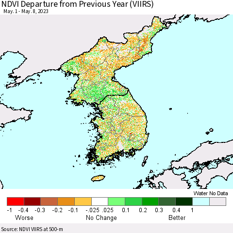 Korea NDVI Departure from Previous Year (VIIRS) Thematic Map For 5/1/2023 - 5/8/2023