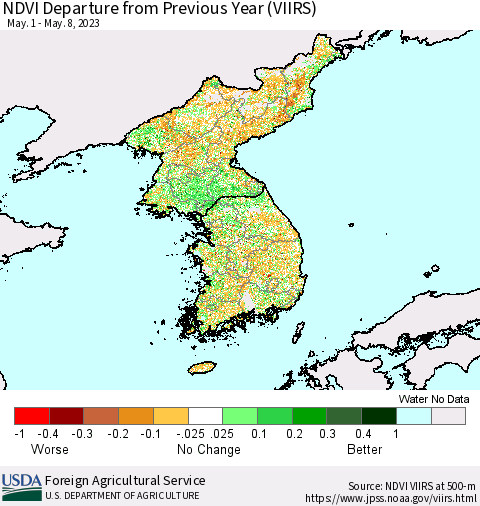 Korea NDVI Departure from Previous Year (VIIRS) Thematic Map For 5/1/2023 - 5/10/2023
