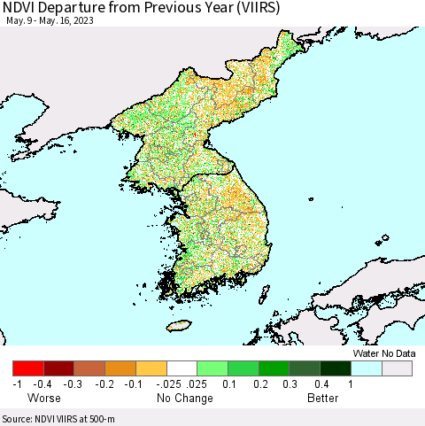 Korea NDVI Departure from Previous Year (VIIRS) Thematic Map For 5/9/2023 - 5/16/2023