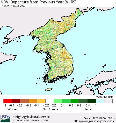 Korea NDVI Departure from Previous Year (VIIRS) Thematic Map For 5/11/2023 - 5/20/2023