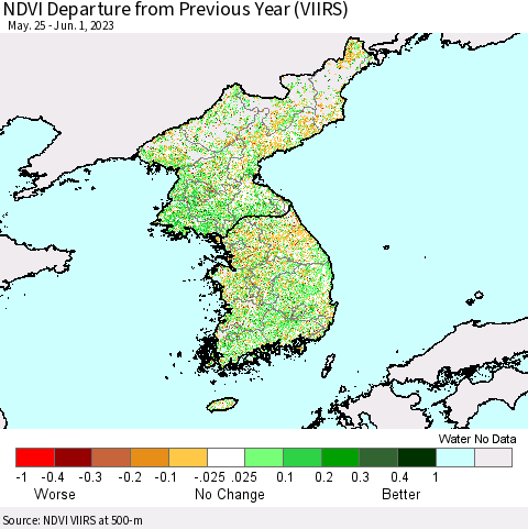 Korea NDVI Departure from Previous Year (VIIRS) Thematic Map For 5/25/2023 - 6/1/2023