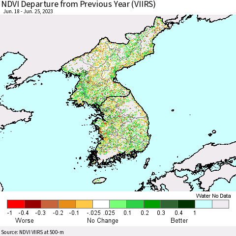 Korea NDVI Departure from Previous Year (VIIRS) Thematic Map For 6/18/2023 - 6/25/2023