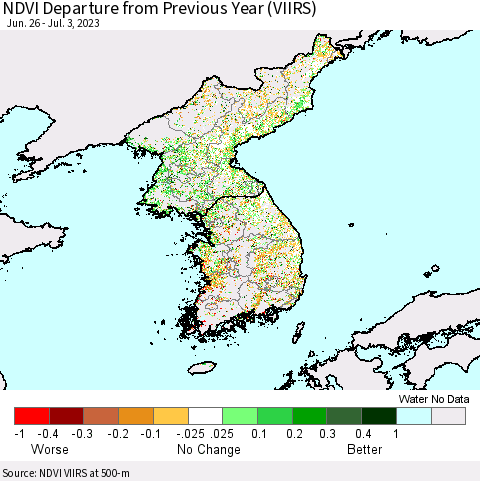 Korea NDVI Departure from Previous Year (VIIRS) Thematic Map For 6/26/2023 - 7/3/2023