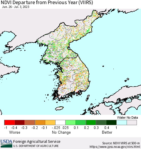 Korea NDVI Departure from Previous Year (VIIRS) Thematic Map For 7/1/2023 - 7/10/2023