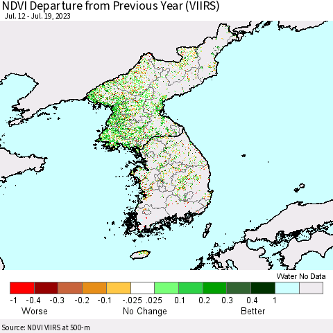 Korea NDVI Departure from Previous Year (VIIRS) Thematic Map For 7/12/2023 - 7/19/2023