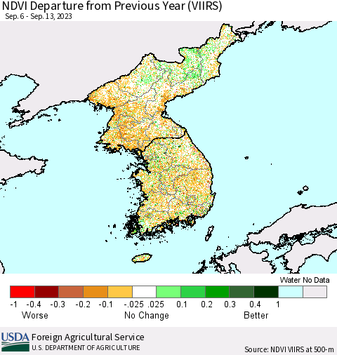 Korea NDVI Departure from Previous Year (VIIRS) Thematic Map For 9/11/2023 - 9/20/2023