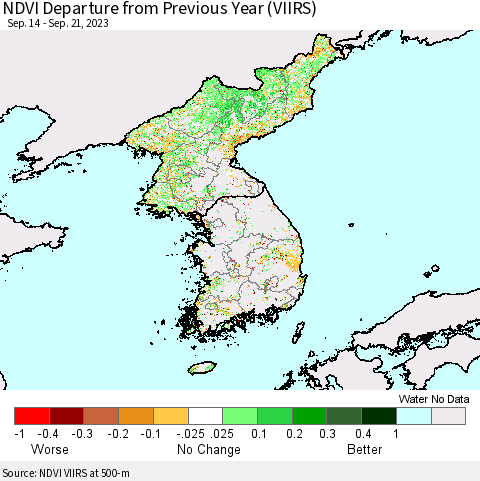 Korea NDVI Departure from Previous Year (VIIRS) Thematic Map For 9/14/2023 - 9/21/2023