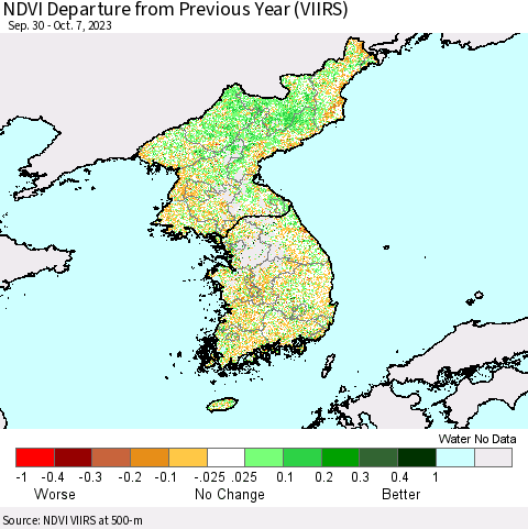 Korea NDVI Departure from Previous Year (VIIRS) Thematic Map For 9/30/2023 - 10/7/2023