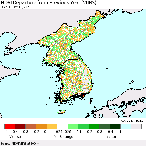 Korea NDVI Departure from Previous Year (VIIRS) Thematic Map For 10/8/2023 - 10/15/2023