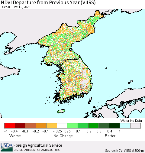 Korea NDVI Departure from Previous Year (VIIRS) Thematic Map For 10/11/2023 - 10/20/2023