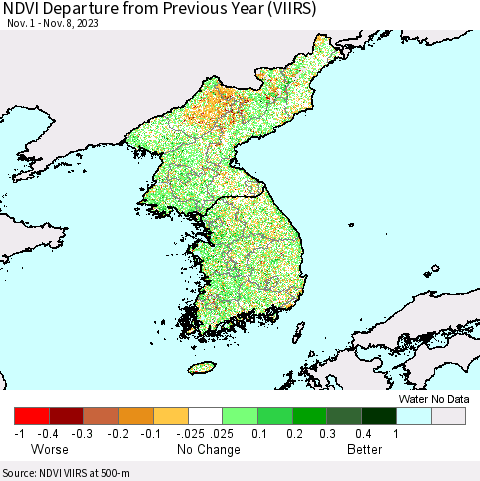 Korea NDVI Departure from Previous Year (VIIRS) Thematic Map For 11/1/2023 - 11/8/2023