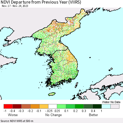 Korea NDVI Departure from Previous Year (VIIRS) Thematic Map For 11/17/2023 - 11/24/2023