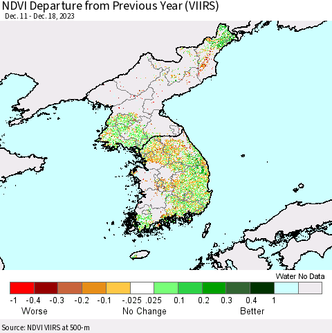 Korea NDVI Departure from Previous Year (VIIRS) Thematic Map For 12/11/2023 - 12/18/2023