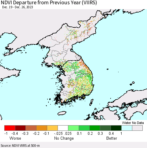 Korea NDVI Departure from Previous Year (VIIRS) Thematic Map For 12/19/2023 - 12/26/2023