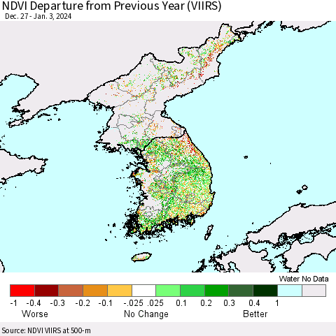Korea NDVI Departure from Previous Year (VIIRS) Thematic Map For 12/27/2023 - 1/3/2024