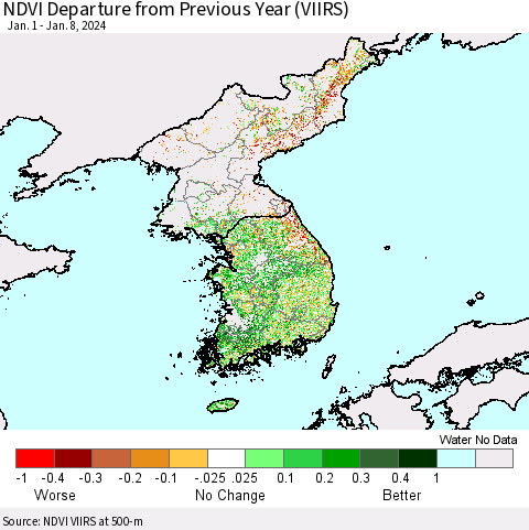 Korea NDVI Departure from Previous Year (VIIRS) Thematic Map For 1/1/2024 - 1/8/2024