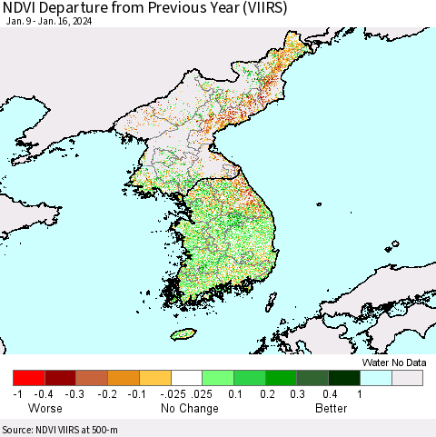 Korea NDVI Departure from Previous Year (VIIRS) Thematic Map For 1/9/2024 - 1/16/2024