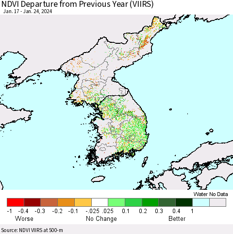 Korea NDVI Departure from Previous Year (VIIRS) Thematic Map For 1/17/2024 - 1/24/2024