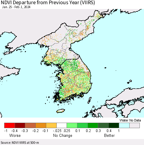 Korea NDVI Departure from Previous Year (VIIRS) Thematic Map For 1/25/2024 - 2/1/2024