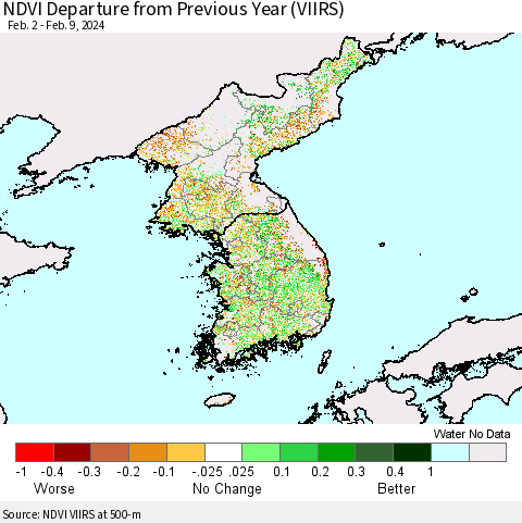 Korea NDVI Departure from Previous Year (VIIRS) Thematic Map For 2/2/2024 - 2/9/2024