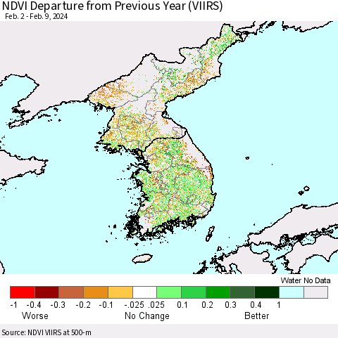 Korea NDVI Departure from Previous Year (VIIRS) Thematic Map For 2/2/2024 - 2/9/2024