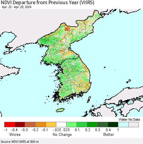 Korea NDVI Departure from Previous Year (VIIRS) Thematic Map For 4/22/2024 - 4/29/2024