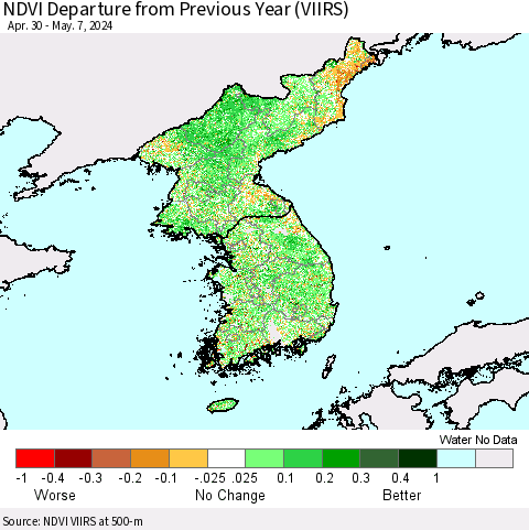 Korea NDVI Departure from Previous Year (VIIRS) Thematic Map For 4/30/2024 - 5/7/2024