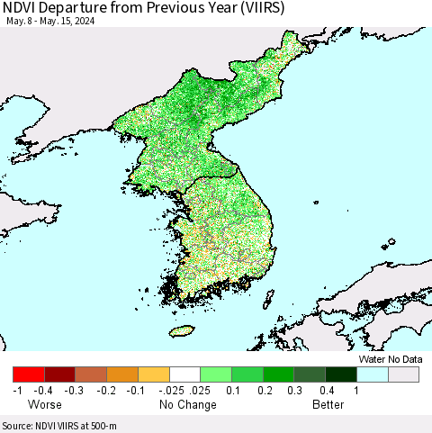 Korea NDVI Departure from Previous Year (VIIRS) Thematic Map For 5/8/2024 - 5/15/2024
