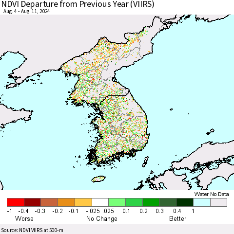 Korea NDVI Departure from Previous Year (VIIRS) Thematic Map For 8/4/2024 - 8/11/2024