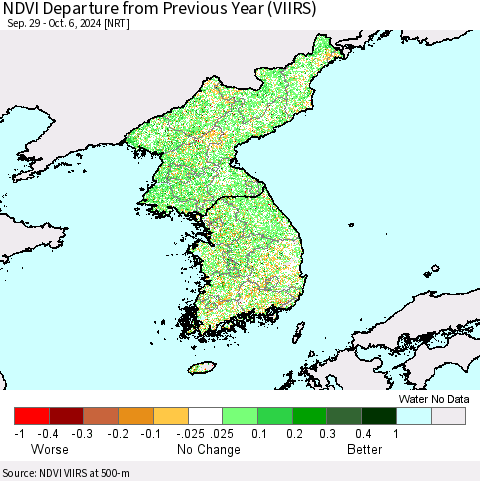 Korea NDVI Departure from Previous Year (VIIRS) Thematic Map For 9/29/2024 - 10/6/2024
