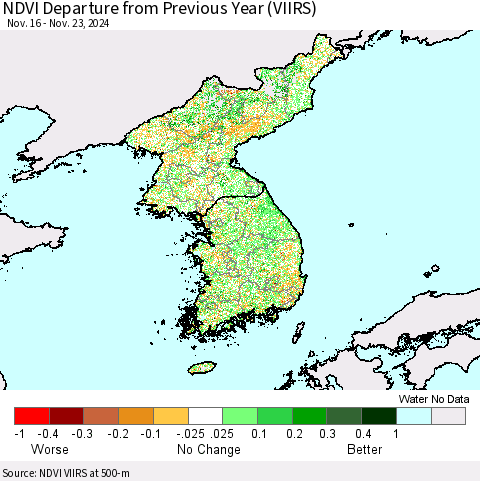 Korea NDVI Departure from Previous Year (VIIRS) Thematic Map For 11/16/2024 - 11/23/2024