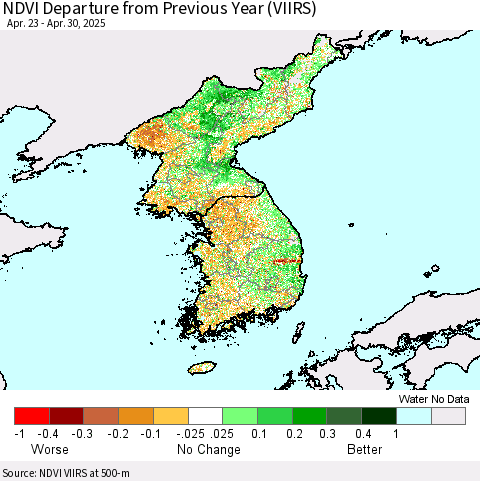 Korea NDVI Departure from Previous Year (VIIRS) Thematic Map For 4/23/2025 - 4/30/2025