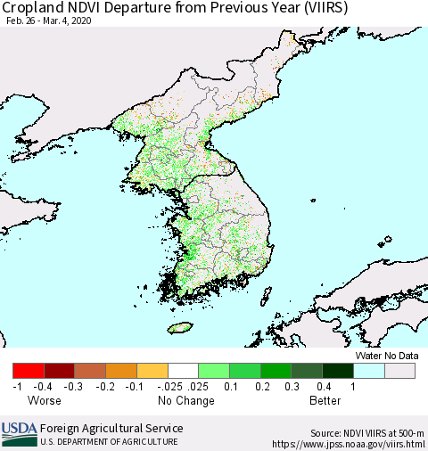 Korea Cropland NDVI Departure from Previous Year (VIIRS) Thematic Map For 3/1/2020 - 3/10/2020