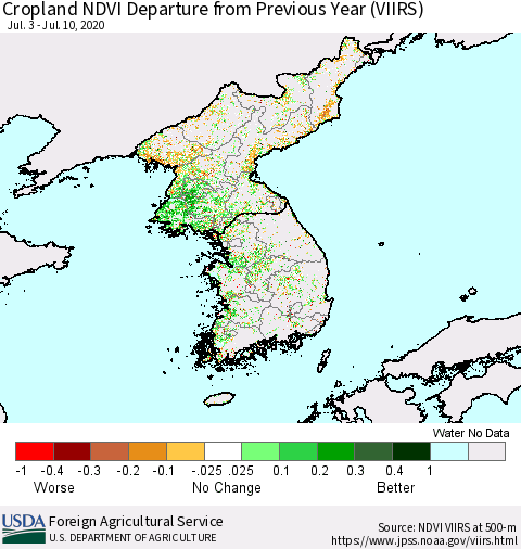 Korea Cropland NDVI Departure from Previous Year (VIIRS) Thematic Map For 7/1/2020 - 7/10/2020