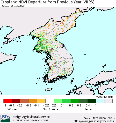 Korea Cropland NDVI Departure from Previous Year (VIIRS) Thematic Map For 7/11/2020 - 7/20/2020