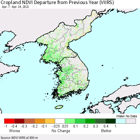 Korea Cropland NDVI Departure from Previous Year (VIIRS) Thematic Map For 4/7/2021 - 4/14/2021