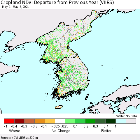 Korea Cropland NDVI Departure from Previous Year (VIIRS) Thematic Map For 5/1/2021 - 5/8/2021