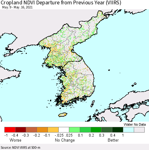 Korea Cropland NDVI Departure from Previous Year (VIIRS) Thematic Map For 5/9/2021 - 5/16/2021