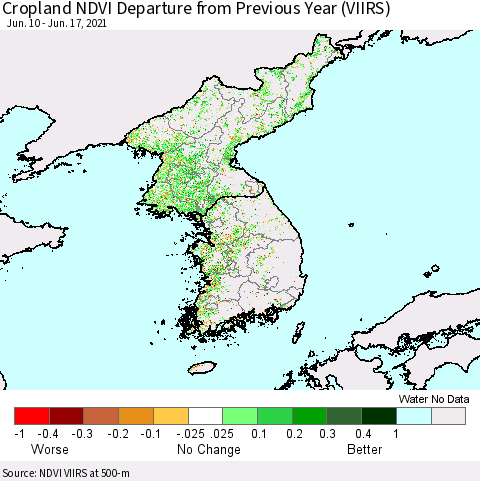 Korea Cropland NDVI Departure from Previous Year (VIIRS) Thematic Map For 6/10/2021 - 6/17/2021