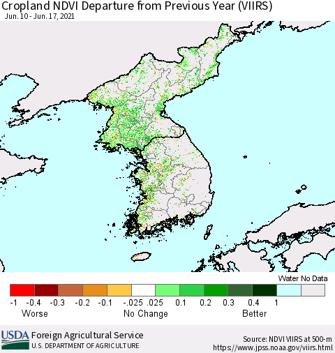 Korea Cropland NDVI Departure from Previous Year (VIIRS) Thematic Map For 6/11/2021 - 6/20/2021