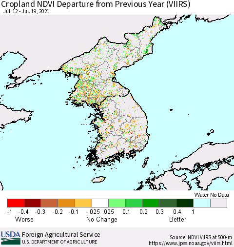 Korea Cropland NDVI Departure from Previous Year (VIIRS) Thematic Map For 7/11/2021 - 7/20/2021