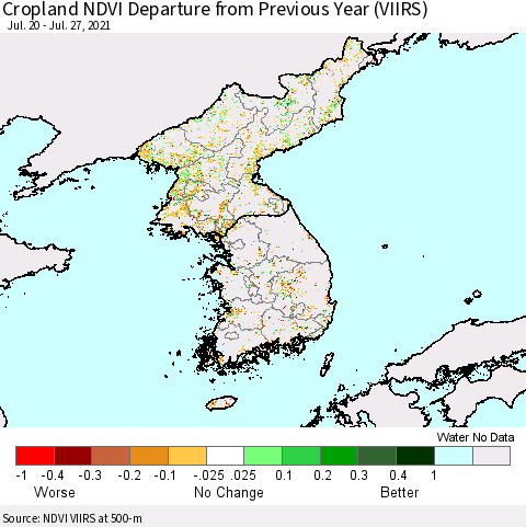 Korea Cropland NDVI Departure from Previous Year (VIIRS) Thematic Map For 7/20/2021 - 7/27/2021