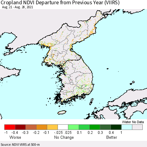 Korea Cropland NDVI Departure from Previous Year (VIIRS) Thematic Map For 8/21/2021 - 8/28/2021