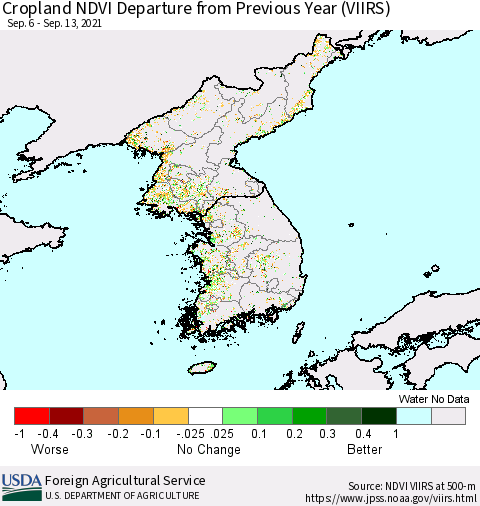 Korea Cropland NDVI Departure from Previous Year (VIIRS) Thematic Map For 9/11/2021 - 9/20/2021