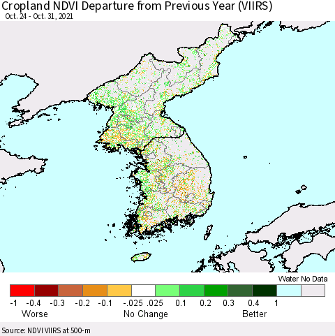 Korea Cropland NDVI Departure from Previous Year (VIIRS) Thematic Map For 10/21/2021 - 10/31/2021
