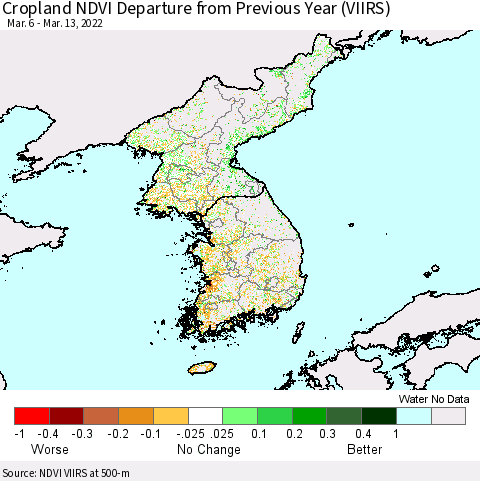 Korea Cropland NDVI Departure from Previous Year (VIIRS) Thematic Map For 3/6/2022 - 3/13/2022