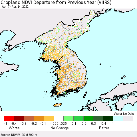 Korea Cropland NDVI Departure from Previous Year (VIIRS) Thematic Map For 4/7/2022 - 4/14/2022
